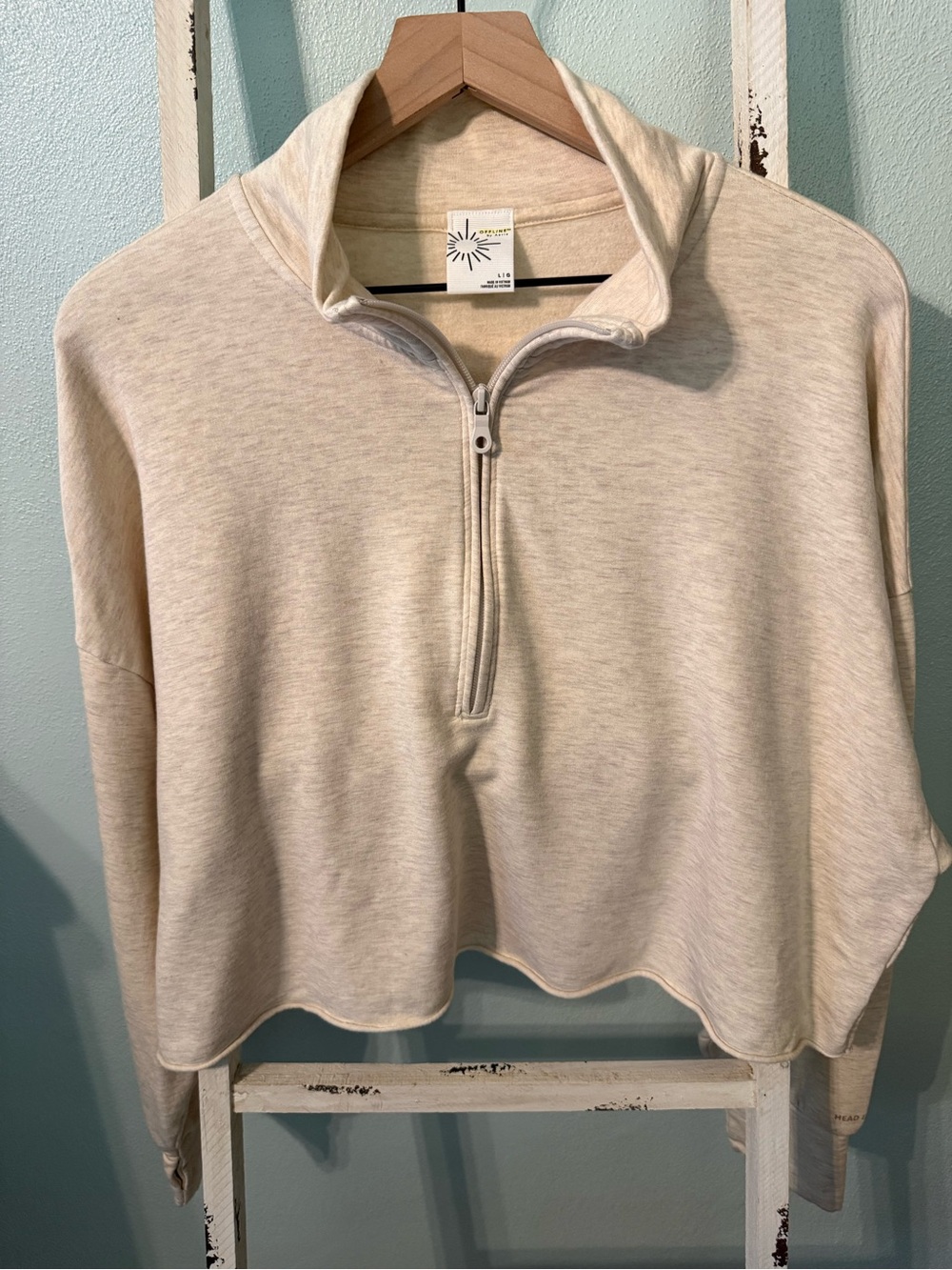 Offline by Aerie Cloud Heathered Cream Half-Zip Crop Fleece Sweatshirt Size L